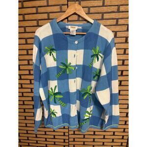 Talbots Blue White Checkered Palm Tree Embroidered Button Front Cardigan Size 2X